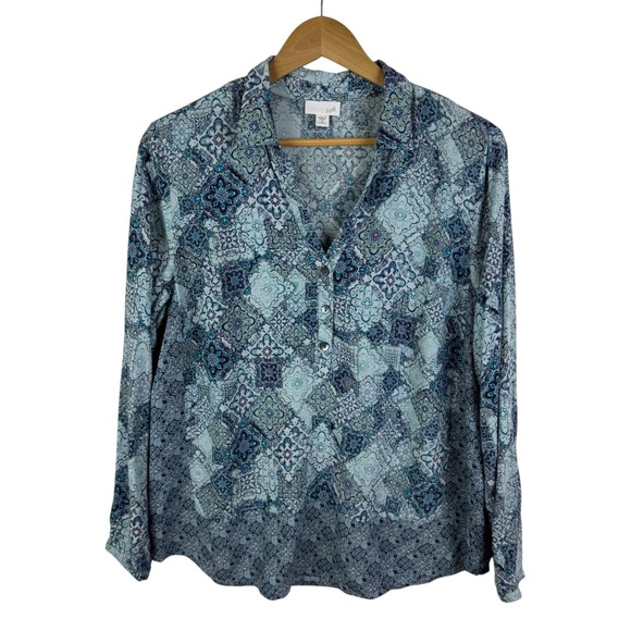 J Jill Mosaic Button Down Popover Top Size MP Blue Rayon Boho Lightweight Flowy - Picture 1 of 9